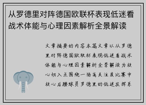 从罗德里对阵德国欧联杯表现低迷看战术体能与心理因素解析全景解读 从罗德里对阵德国欧联杯表现低迷看战术体能与心理因素解析全景解读