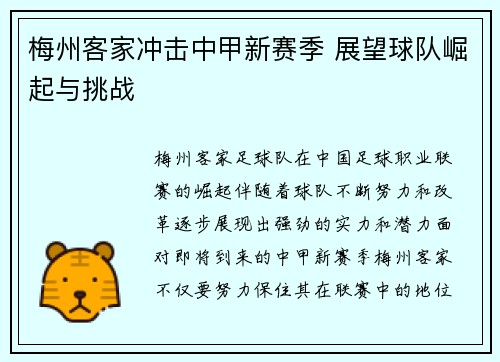 梅州客家冲击中甲新赛季 展望球队崛起与挑战 梅州客家冲击中甲新赛季 展望球队崛起与挑战